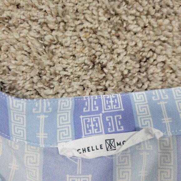 Michelle McDowell Dress Womens 2X Blue Geometric V Neck Pleat Bell Sleeve - Picture 2 of 8